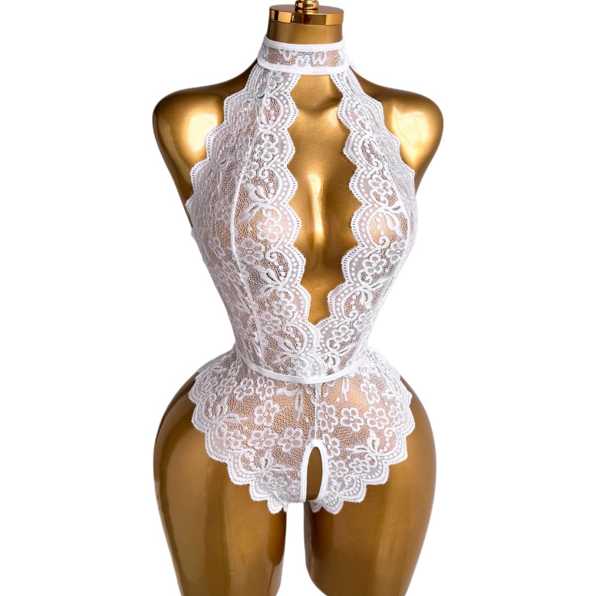 Lace Teddy Lingerie - Белое кружевное боди с цветочным узором