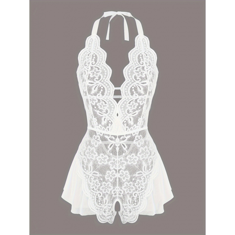 Lace Teddy Lingerie - Очаровательное кружевное сетчатое боди с фестончатой
